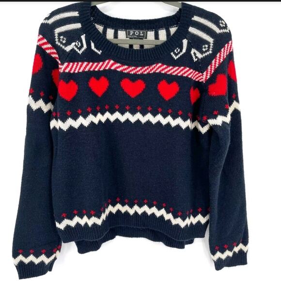 POL Navy Heart Graphic Crewneck Hi-Lo Sweater Women Medium, Valentine's Day - Picture 1 of 6